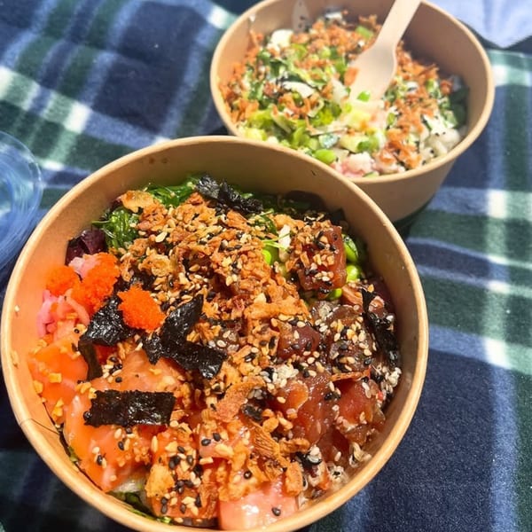 Two Gansett Poke bowls on a blue and green plaid blanket, one with salmon and tuna.